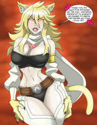  absurdres akame_ga_kill! animal_ears bangs bare_shoulders blonde_hair breasts claws cleavage corruption crop_top dialogue evil_smile female_only femdom femsub gloves glowing glowing_eyes heart huge_breasts leone long_hair midriff navel paws red_eyes scarf smile solo speech_bubble standing tail tattoo text tube_top zorro-zero 