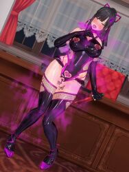  3d absurdres barcode bare_shoulders black_hair blush breath butterfly cleavage_cutout clothed_exposure cosplay crotch_cutout crotch_tattoo custom_maid_3d_2 dfish303 dildo drool earrings empty_eyes femsub fishnets gloves hair_ornament knife leotard miniskirt navel_piercing nipple_piercing open_mouth opera_gloves original pheromones piercing pink_eyes ponytail pussy_juice ribbon rubber shoes skirt standing straight-cut_bangs sweat taimanin_(series) tattoo text thighhighs tongue tongue_out vibrator weapon 