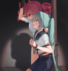 blue_hair bondage coin drill_hair female_only femdom femsub kneeling legs miku_hatsune open_mouth pendulum red_eyes red_hair restrained rope school_uniform skirt spiral_eyes tasonagi teto_kasane twintails unhappy_trance vocaloid