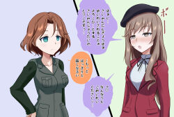azumi_(girls_und_panzer) blue_eyes brown_eyes brown_hair chiyo_shimada dialogue femdom femsub girls_und_panzer hypnotized_hypnotist long_hair na_shacho partially_translated short_hair standing standing_at_attention text translation_request