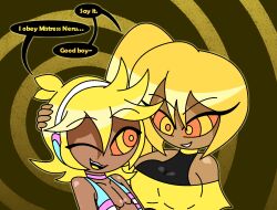 aged_up ahoge alternate_color_scheme bare_shoulders blonde_hair choker collarbone dark_skin eyebrows_visible_through_hair eyelashes femdom happy_trance headphones hypnoscream large_breasts latex len_kagamine love maledom neru_akita open_clothes open_mouth pride_colors ring_background ring_eyes shiny_hair shiny_skin side_ponytail smile speech_bubble text transmasc vest vocaloid wink yellow_background yellow_eyes