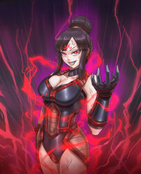 absurdres armor black_hair bodysuit breasts chichi corruption dragon_ball evil_smile hypnotic_tattoo large_breasts leebigtree magic red_eyes short_hair smile solo tattoo