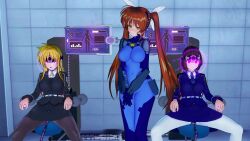  3d armor bangs belt black_hair blonde_hair bodysuit chair corruption electricity empty_eyes female_only femdom femsub gloves glowing green_eyes headband jst1782 koikatsu! long_hair looking_at_viewer magical_girl_lyrical_nanoha monitor multiple_girls multiple_subs nanoha_takamachi orange_hair pantyhose sex_machine short_hair sitting skirt spread_legs tech_control tie twintails uniform vaginal vibrator 