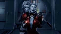 3d ahegao breasts chrome edi_(mass_effect) eye_roll glowing_eyes groping huge_breasts large_breasts latex mass_effect miranda_lawson robot robot_girl robotization samara spungyjacket transformation