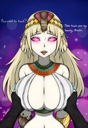  bare_shoulders blonde_hair blush breast_fondling breast_grab breasts cleavage cleopatra_(shin_megami_tensei) drool egyptian eyeshadow femsub happy_trance headband hourglass_figure huge_breasts long_hair looking_at_viewer navel open_mouth orphan2 pink_eyes pov pov_dom ring_eyes shin_megami_tensei shin_megami_tensei_v smile 
