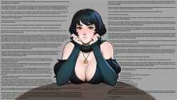  black_hair breasts brown_eyes caption caption_only cleavage countdown cumming_out_brain english_text erin_(tarakanovich) female_only femdom huge_breasts hypnotic_accessory hypnotic_breasts looking_at_viewer lostinlust_(manniper) manip necklace orgasm_command original pov pov_sub smile table tarakanovich text 