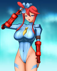  arm_bands blue_eyes body_paint breasts capcom doll empty_eyes female_only femsub gloves gradient_background hair_ornament hat huge_breasts large_breasts leotard navel nintendo open_mouth pokemon pokemon_black_and_white red_hair saluting shadaloo_dolls shoulder_pads side_ponytail simple_background skyla solo standing standing_at_attention street_fighter tie unhappy_trance 