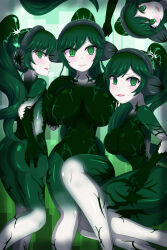  ape_escape ass ass_grab blush casi_(ape_escape) clone empty_eyes female_only femsub gloves green_eyes green_hair headphones huge_breasts living_costume looking_at_viewer multiple_girls multiple_subs ponytail smile virus yakuhina 