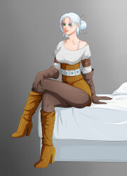  absurdres bed boots cirilla_fiona_elen_riannon crossed_legs empty_eyes female_only femsub gloves green_eyes happy_trance knee-high_boots legs makeup oo_sebastian_oo opera_gloves sitting solo the_witcher the_witcher_3 white_hair 