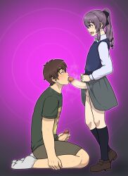  altered_common_sense balls brown_hair censored clothed femboy gradient_background grey_background handjob heavy_eyelids hypno_neet kneeling licking male_only maledom malesub masturbation multiple_boys oral penis ponytail purple_background purple_eyes purple_hair ring_background short_hair simple_background skirt skirt_lift steam tongue tongue_out yaoi 