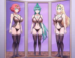 blonde_hair breasts cleavage female_only femsub green_hair happy_trance large_breasts lingerie long_hair mirror multiple_girls multiple_subs mythra_(xenoblade) navel nintendo pneuma_(xenoblade) ponytail pyra_(xenoblade) red_hair shinzu short_hair smile spiral_eyes standing symbol_in_eyes thighhighs underwear xenoblade_chronicles xenoblade_chronicles_2