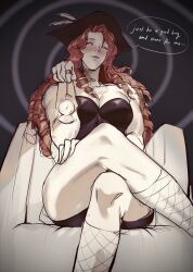 artist_request character_request corset crossed_legs dialogue english_text femdom fishnets hat hypnotic_accessory legs looking_at_viewer malesub muscle_girl orange_hair original pendulum pirate pocket_watch pov_sub red_hair seductive_smile sitting speech_bubble spiral_background text thick_thighs