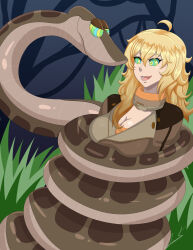 absurdres blonde_hair bondage breasts coils disney femsub happy_trance hypnotic_eyes kaa kaa_eyes large_breasts long_hair loquillo open_mouth rwby snake the_jungle_book yang_xiao_long