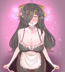  black_hair blush bra breasts coin curvy dazed drool female_only femsub genderswap hair_ribbon large_breasts light_skin lingerie maid missmilkou natsuki_subaru panties pendulum re:zero_starting_life_in_another_world solo spiral spiral_eyes standing tied_hair 