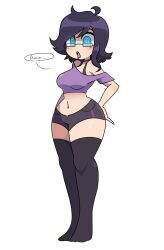  black_hair blue_eyes blush bra breasts choker cosplay dialogue drool expressionless female_only femsub glasses gro-ggy hex_maniac hexification large_breasts midriff navel nintendo open_mouth original pokemon pokemon_x_and_y possession purple_hair riley_weiss_(riley) short_hair short_shorts shorts simple_background solo spiral_eyes symbol_in_eyes text thighhighs underwear white_background 