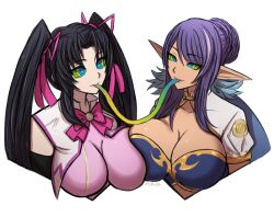 black_hair breast_press breasts candy cleavage elf_ears female_only femsub hair_ribbon high_school_dxd hypnotic_food judith_(tales) kaa_eyes large_breasts long_hair omiza-zu purple_hair serafall_leviathan tales_of_(series) tales_of_vesperia twintails watermark white_background