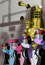  absurdres alien animals_only bodysuit dalek daleks_-_invasion_earth_2150_a.d doctor_who_(series) drone expressionless female_only femsub furry helmet hooves horns horse horse_girl hypnohooves_(colourist) jmkplover multicolored_hair multiple_girls multiple_subs my_little_pony non-human_feet pegasus pinkie_pie rainbow_dash rarity robomen_(doctor_who) robotization standing standing_at_attention tech_control twilight_sparkle unicorn wings 
