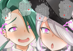  blush cogita_(pokemon) earrings female_only femsub glowing_eyes green_hair hair_covering_one_eye happy_trance hat heart japanese_text looking_at_viewer milf multiple_girls multiple_subs na_shacho nintendo open_mouth piercing pokemon pokemon_legends_arceus pokemon_scarlet_and_violet purple_eyes rika_(pokemon) silver_hair smile speech_bubble spiral spiral_eyes symbol_in_eyes tomboy topless translation_request white_hair 