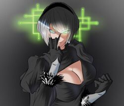 blindfold breasts cleavage cleavage_cutout corruption evil_smile femsub gloves glowing glowing_eyes green_eyes happy_trance large_breasts looking_at_viewer nier_automata papuruum short_hair smile square_enix tagme undressing white_hair yorha_no._2_type_b