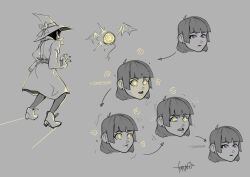  absurdres before_and_after confused dazed empty_eyes femsub gameplay_mechanics glowing glowing_eyes gmun greyscale hat hypnotic_orb original short_hair spiral trance_break witch witch_hat 