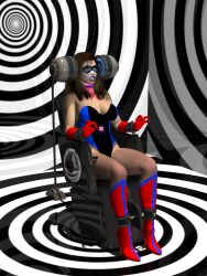 3d boots brown_hair cleavage collar corruption cuffs dead_source face_mask female_only femsub gloves leotard long_hair original restrained sitting solstice southblade spiral_background super_hero tech_control