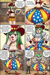  ai_art ailuffy_(generator) bisca_connell clown_girl clownification fairy_tail femsub green_hair large_breasts long_hair magic text 