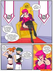  boots breasts comic dialogue empty_eyes expressionless femdom femsub green_hair jimryu large_breasts misty nintendo pink_hair pokemon pokemon_(anime) red_hair saluting short_hair spiral standing standing_at_attention team_hypno text thigh_boots thighhighs 