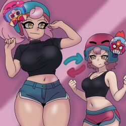  angry bare_shoulders body_control body_swap bonnie_(brawl_stars) brawl_stars breasts cleavage cleopatra2main clothed emoji female_only femdom femsub helmet janet_(brawl_stars) large_breasts multiple_girls pink_hair ponytail possession shorts sisters size_difference smug tank_top thick_thighs thighs tight_clothing yellow_eyes 