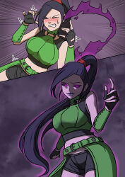  absurdres bangs bare_shoulders before_and_after belt black_hair blush brain_injection breasts clothed corruption dragon_quest_(series) dragon_quest_xi evil_smile eyeshadow female_only femsub fingerless_gloves glowing jade_(dragon_quest_xi) lipstick maledom maysomehowbe midriff mordegon ponytail possession purple_eyes purple_sclera resisting shorts simple_background solo sweat very_long_hair 