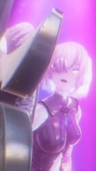  3d armor bare_shoulders before_and_after breasts eye_roll fate/grand_order fate_(series) female_only femsub hair_covering_one_eye hypnotic_light koikatsu! mashu_kyrielight midriff navel open_mouth opera_gloves pink_eyes pink_hair shield simple_background solo surprised taihou1944 