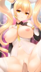  bangs bare_shoulders blonde_hair bottomless breasts breasts_outside censored divine_gate femsub frills gloves hair_ornament irori large_breasts long_hair looking_at_viewer maledom navel nipples opera_gloves origin:machina penis robot robot_girl sex spread_legs thighhighs tie twintails vaginal yellow_eyes 
