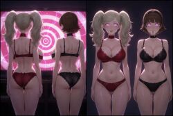  ai_art ann_takamaki ass blonde_hair border bra breasts brown_hair choker cleavage drool electricity female_only femsub hourglass_figure hypnotic_screen large_breasts lingerie makoto_niijima midriff multiple_girls multiple_views navel panties persona_(series) persona_5 pussy_juice smile spiral spiral_eyes symbol_in_eyes tech_control thigh_gap twintails underwear 