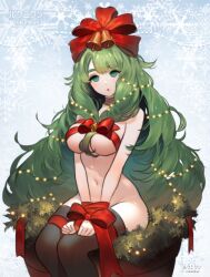 absurdres bell bell_collar blush bondage breasts christmas christmas_tree dazed empty_eyes expressionless green_eyes green_hair hair_ornament hair_ribbon hina_kagiyama large_breasts large_hips long_hair messy_hair open_mouth ribbon rukunikun signature sitting solo spiral_eyes thighhighs touhou very_long_hair