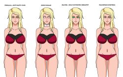  blonde_hair bra breasts clone collar doudile empty_eyes expressionless female_only femsub green_eyes large_breasts metrobay_comix ms._metrobay multiple_views panties solo standing standing_at_attention super_hero tech_control text underwear white_background whitewash_eyes 