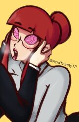 acidthirsty12 ass blush drool eyebrows_visible_through_hair femsub glasses hand_on_head lipstick makeup mole office_lady open_mouth original red_hair shirt simple_background spiralwash_eyes tongue yellow_background