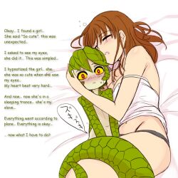 age_difference blush breasts brown_hair caption coils drool edensnake_(manipper) femsub happy_trance humor hypnotic_eyes kiddom large_breasts long_hair maledom manip monster_boy nemu_(nora) open_mouth red_eyes short_hair shota sleeping smile snake_boy tank_top text underwear