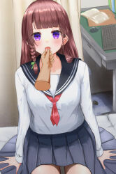 blush brown_hair cellophane_tape drool empty_eyes femsub finger_to_mouth original purple_eyes school_uniform skirt tongue tongue_out