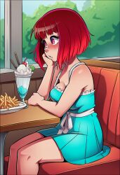   ai_art breasts cleavage dress female_only food ice_cream kana_arima lily_clown_(generator) multicolored_eyes oshi_no_ko red_hair sitting solo 