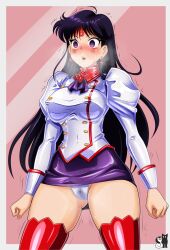  absurdres black_hair blush breath cameltoe earrings erect_nipples_under_clothes female_only femsub microchip open_mouth panties purple_eyes purple_hair rosvo sailor_mars sailor_moon_(series) simple_background skirt solo standing tech_control thighhighs trembling underwear very_long_hair wet 