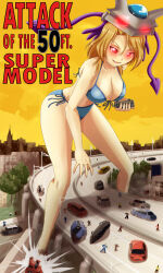  bikini blonde_hair breasts corruption evil_smile female_only femsub giantess glowing_eyes hypnotic_accessory mask red_eyes riho_futaba size_difference stepped_on thedaibijin 