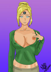  bangs blonde_hair blue_eyes breasts clothed empty_eyes expressionless female_only femsub glowing_eyes heavy_eyelids large_breasts microchip midriff navel nipple_tweak nipples no_bra nominddetected original ponytail signature solo standing standing_at_attention tech_control 