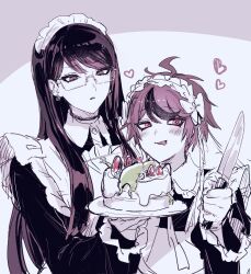 ahoge alternate_costume aura black_hair blush corruption crossdressing dress earrings eye_color_change femdom food frog g&#039;ie g&#039;ie_queen glasses glowing glowing_eyes hiruko_shizuhara hundred_line jewelry knife long_hair maid malesub parasite possession red_eyes short_hair smile spoilers symbol takumi_sumino the_hundred_line:_last_defense_academy tongue tongue_out tray very_long_hair zuzuko