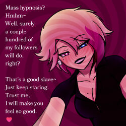 black_lipstick blonde_hair caption cleavage clothed collarbone dialogue earrings empress-mc empress_(empress-mc) female_only femdom glowing_eyes heart heterochromia lipstick looking_at_viewer makeup original pov_sub shirt short_hair solo spiral_background text