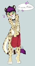  bottomless cat_boy cheetah_boy collar furry kaa_eyes male_only malesub maskedpuppy micah_mae nude purple_hair text topless 