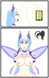 - black_hair blue_hair breasts_outside cat_tail cell_phone empty_eyes grey_eyes horns hypnotic_screen nyarukavt pink_eyes pixel_art shizu_thotep sisters white_hair wings yami_thotep yellow_eyes
