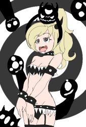 absurdres arm_bands black_lipstick blonde_hair breasts collar cuffs drool femsub garter garter_straps goth happy_trance horns krackyart large_breasts lipstick makeup original shadows_(shyker) simple_background spiral spiral_eyes studded_collar symbol_in_eyes trippy_(trippy)