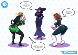 black_hair brown_hair costume deborah_gorrini dialogue frog_girl glowing_eyes hat large_ass large_breasts long_hair my_hero_academia ochaco_uraraka resisting short_hair text tongue trap-diaper tsuyu_asui
