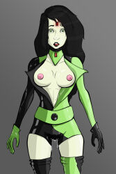 bored_as_anything breasts dazed disney drool femsub green_eyes green_skin hypnotic_accessory kim_possible_(series) large_breasts latex long_hair microchip open_clothes open_mouth shego tech_control topless