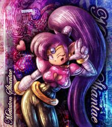 alternate_costume ameerashourdraws bodysuit breasts cleavage_cutout crossover dronification elf_ears empty_eyes english_text femsub happy_trance heart mettaton ponytail purple_hair shantae shantae_(series) smile solo symbol text undertale very_long_hair wink