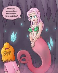  blonde_hair bra bracelet circlet collar cure_felice dialogue empty_eyes female_only femdom femsub genie gold green_eyes happy_trance jewelry kotoha_hanami mahou_tsukai_precure midriff mirai_asahina mythkaz navel open_mouth original pink_hair precure tagme tail text 